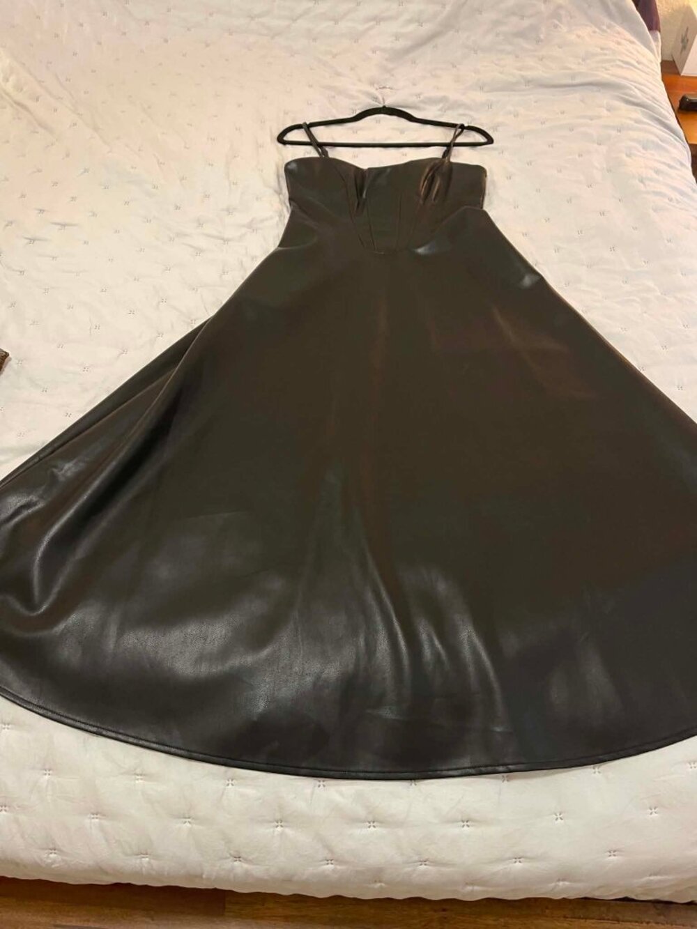 NWOT Klesis Black Faux Leather Smocked Waist Spaghetti Strap A Maxi Dress Sz M